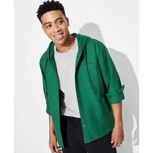 Original Use Mens Waffle Knit Hooded Shirt Jacket Green XL